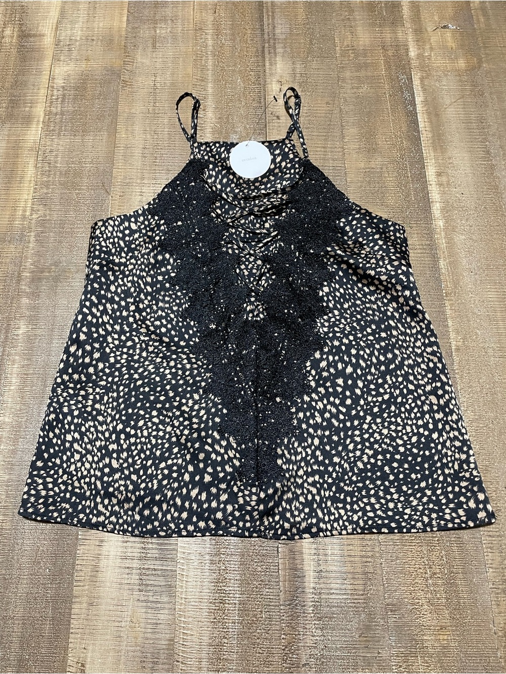 En Creme Black & Cream Lace-Front Spotted Cami Tank
